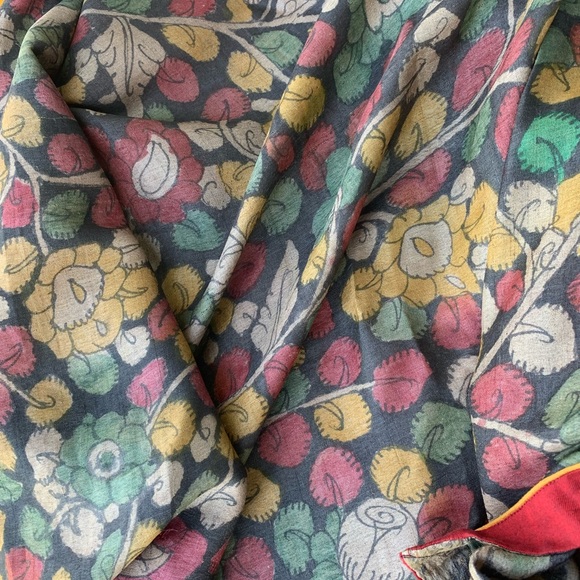 Hand-painted Kalamkari Pure Tussar Red, Black, Mustard SAREE SARI. Half & Half - Picture 6 of 9